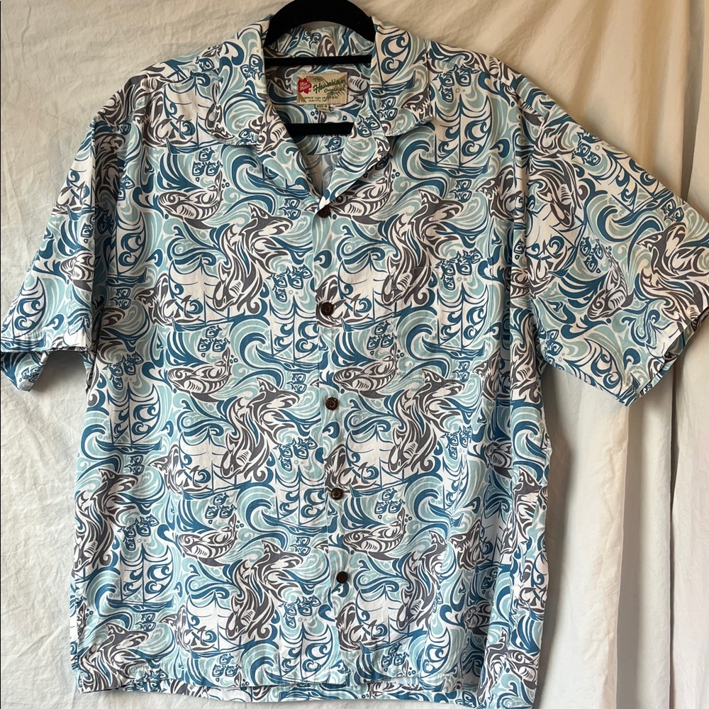 Hilo Hattie Blue and White Hawaiian Shirt Size 2XL
